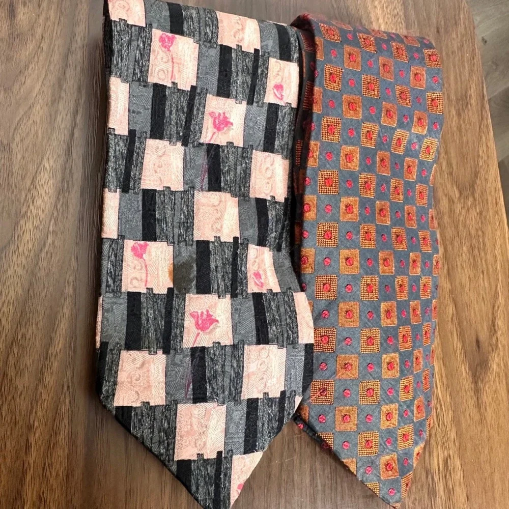 Ermenegildo Zegna Silk Necktie Lot 2 Mens‎ Geometric Abstract Blue Pink Italy